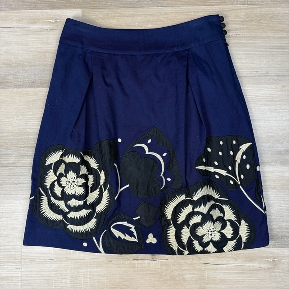 Anthropologie Floreat Navy Blue A-line Skirt with Floral Detail, Size 0 - Picture 1 of 6